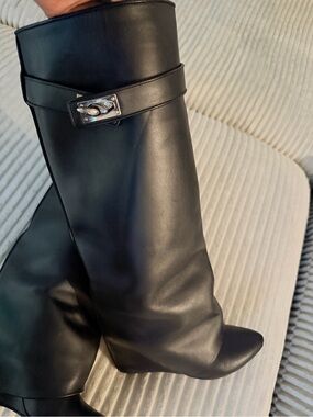 Givenchy Black Leather Knee-High Boots with Silver Accent